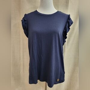 Michael Kors Women's Navy Blue Ruffle Short Sleeve Top Gold Medallion Size XL